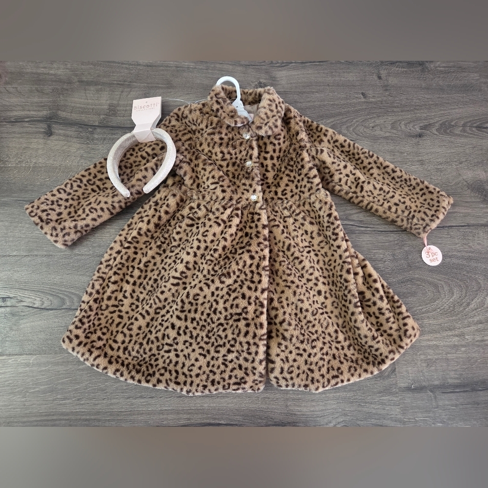 Biscotti Girls Leopard Print Kids Coat & Dress Set Size 4t NWT